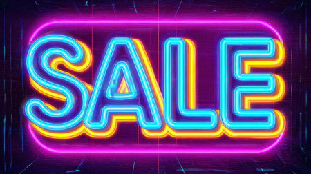 This vibrant neon SALE sign features bright colors and glowing effects, making it perfect for advertisements, promotions, and marketing materials in digital design.の素材