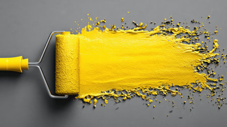 A dynamic image of a yellow paint roller creating a vibrant splash of color on a gray background, perfect for home design, renovation, and creative projects.の素材