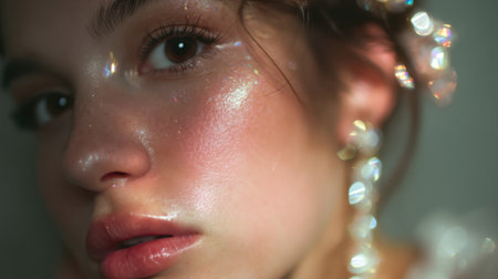 This stunning close-up portrait features a young woman with luminous skin and sparkling accessories, embodying beauty and grace in soft natural light, perfect for artistic projects.の素材