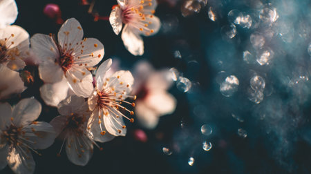A mesmerizing display of delicate cherry blossom flowers, highlighting soft petals and sparkling bubbles against a dark background, perfect for spring-themed art.の素材