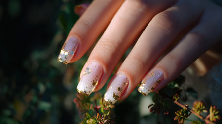 A close-up image of elegantly manicured nails featuring gold accents, set against lush greenery, highlighting beauty and craftsmanship in a natural environment.の素材