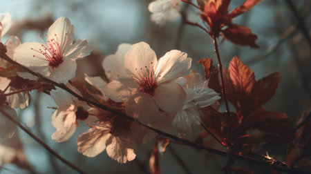 This enchanting close-up captures delicate cherry blossoms blooming gracefully on a branch, illuminated by soft light, embodying the essence of spring's beauty and tranquility.の素材