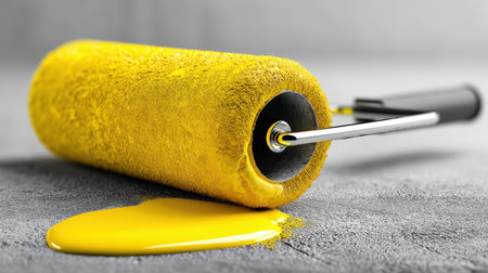 A vibrant yellow paint roller rests on a gray surface, with paint spilling out. This image captures the essence of home renovation, DIY projects, and artistic expression.の素材