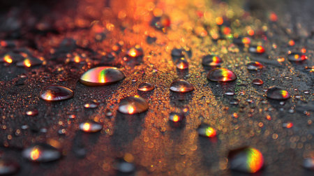 Captivating close-up of vibrant water drops on a textured surface, showcasing colorful light reflections that create an artistic and mesmerizing visual experience.の素材