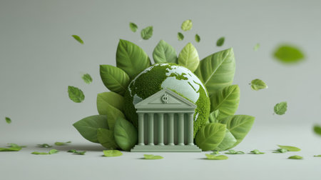 This image showcases the intersection of finance and environmental sustainability, featuring a globe surrounded by fresh leaves and a bank structure, symbolizing eco-conscious growth.の素材
