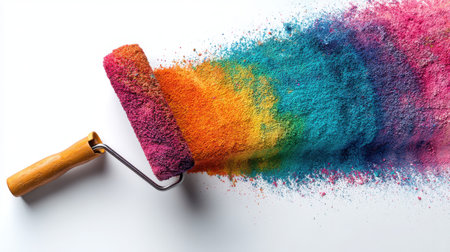 A paint roller disperses a burst of vibrant rainbow colored powder on a clean white surface, showcasing artistic creativity and inspiration for design projects.の素材