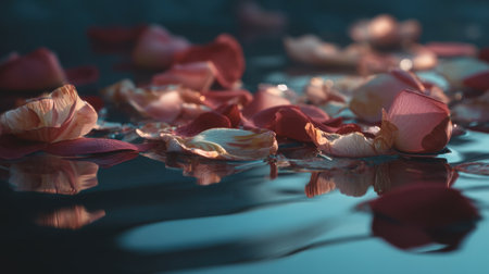 Experience the tranquility of delicate rose petals softly floating on a calm water surface, reflecting beautiful colors in serene and peaceful natural light.の素材