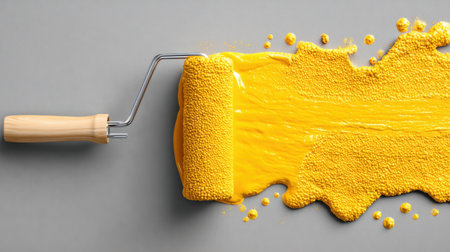 A vivid yellow paint roller spills textured paint across a soft gray surface, perfect for showcasing creativity and artistic design in home improvement or art projects.の素材