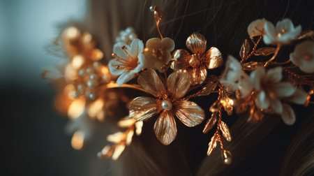 This image showcases a stunning hair accessory featuring intricate golden flowers and delicate white petals, perfect for enhancing elegance on special occasions.の素材