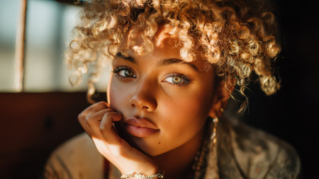 Captured in natural light, this close-up portrait showcases a young woman with beautiful curly hair, highlighting her thoughtful expression and captivating gaze.の素材
