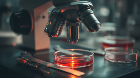 A detailed close-up of a microscope above petri dishes in a dimly lit laboratory, showcasing the intricate relationship between science and research in modern settings.の素材