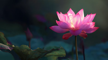 A beautiful pink lotus flower stands tall in soft light, surrounded by lush green leaves, representing purity and tranquility in a serene, natural environment.の素材