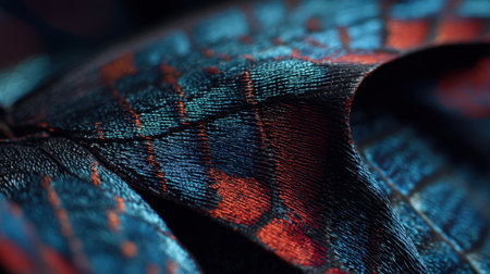 This close-up image captures the mesmerizing details of textured fabric in rich blue and red colors, perfect for showcasing creativity and design inspiration.の素材