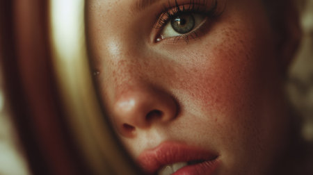 This close-up portrait captures the essence of a young woman's beauty, highlighting her freckles and radiant eyes against a blurred background. The soft light enhances her natural features and invites introspection.の素材