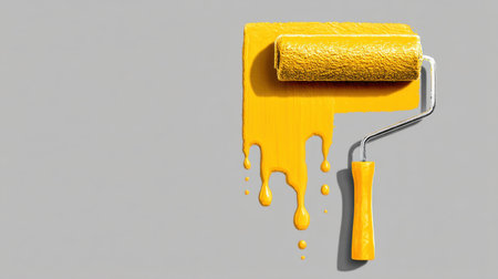 A vibrant yellow paint roller rests against a grey wall, showcasing fresh paint dripping down. Perfect for themes of home renovation, interior design, and DIY projects.の素材