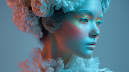 A striking close-up portrait of a model featuring vibrant makeup and a floral crown, illuminated by soft artistic lighting, exuding grace and dreamy elegance.の素材