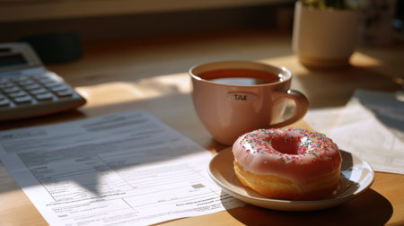 This image captures a serene morning ambiance with a pink sprinkle donut beside a tea cup on a wooden table, combining comfort and productivity with soft lighting.の素材