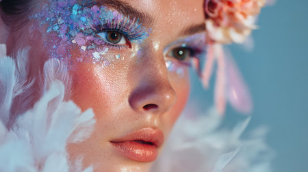 Captivating close-up of a woman showcasing artistic makeup with shimmering colors and floral accents, featuring soft feathers for an ethereal and glamorous look.の素材