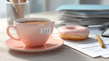 A cozy workspace scene with a cup of coffee labeled with tax, a pink donut, and tax documents, perfect for capturing productivity, comfort, and focus during work hours.の素材