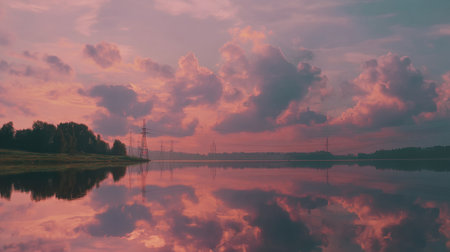 Captivating sunset scene showcases a serene lake with vivid reflections of colorful clouds, framed by distant power lines and lush greenery, evoking tranquility.の素材