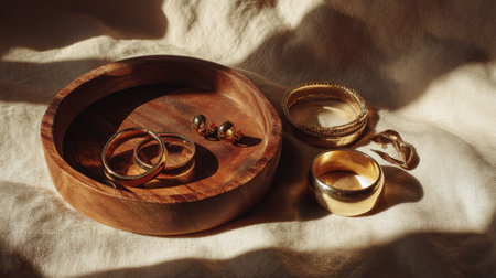 A beautifully styled scene with gold jewelry placed on a wooden plate, highlighted by soft fabric and natural light, creating a serene and elegant atmosphere.の素材