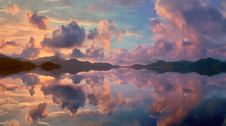 A breathtaking view captures a serene sunset over a tranquil lake. Majestic mountains frame the scene, with colorful clouds reflecting beautifully in the water.の素材