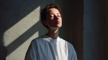 A young woman stands in a minimalist room, eyes closed, experiencing tranquility as sunlight casts soft shadows on her face. This image captures a serene moment of self-reflection.の素材