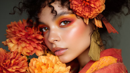 This captivating portrait features a young woman with curly hair adorned with vibrant orange flowers, showcasing bold makeup and an artistic flair perfect for beauty themes.の素材
