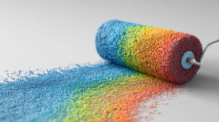 A colorful paint roller spreads a vivid spectrum of paint across a pristine surface, capturing the essence of creativity and artistic expression in vibrant tones.の素材