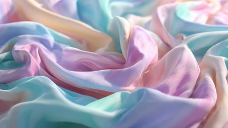This image showcases a soft satin fabric with gentle waves and elegant folds, featuring a harmonious blend of pastel colors, perfect for textile designs.の素材