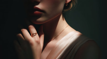 A close-up portrait of a woman highlighting exquisite jewelry against dramatic lighting. The soft colors and shadows evoke elegance, grace, and a sense of intimacy.の素材