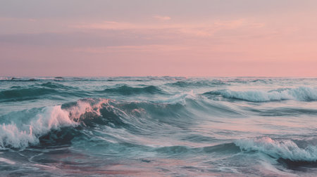 Experience the calming beauty of ocean waves rolling gently towards the shore at sunset, reflecting soft pink and blue hues that create a serene atmosphere.の素材