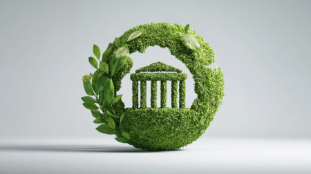 This image features a circular design of lush greenery and pillars, symbolizing sustainable urban architecture and the harmony between nature and development.の素材