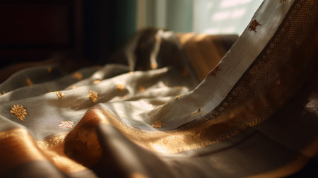 A beautifully draped fabric with golden embroidery catching soft sunlight indoors, creating a warm and inviting atmosphere perfect for stylish home decor.の素材