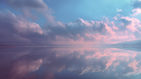 This stunning image captures a tranquil sunrise, where vibrant clouds reflect beautifully in still water, creating a serene and peaceful landscape.の素材