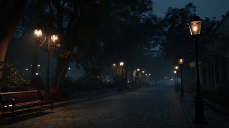 A serene nighttime pathway illuminated by ornate street lamps creates a peaceful atmosphere. Mist gently cloaks the surroundings, enhancing the tranquil mood of the park.の素材