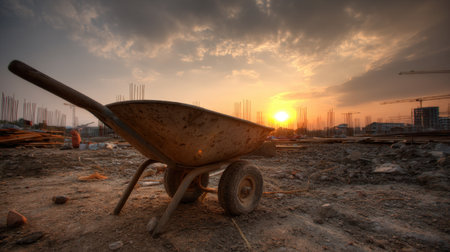 A wheelbarrow sits at the forefront of a construction site during an enchanting sunset, with silhouettes of cranes and building frameworks creating an urban atmosphere.の素材