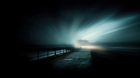 An evocative image featuring a dimly lit road enveloped in fog, with blurred lights creating a haunting atmosphere, inspiring feelings of mystery and solitude.の素材