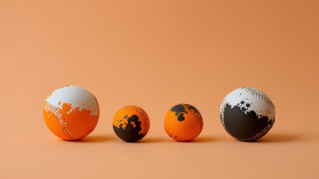 A vibrant display of rubber balls in orange and black shades, set against a warm peach background. Perfect for creative projects, illustrating playfulness and energy.の素材