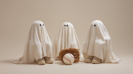 Three adorable ghost figures dressed in baseball attire pose together with a glove and ball. This charming scene is perfect for Halloween decorations or to represent playful sports themes.の素材