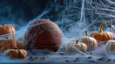 A captivating Halloween scene featuring a basketball surrounded by pumpkins and cobwebs. The eerie atmosphere creates a perfect blend of autumn sport and festive spirit.の素材