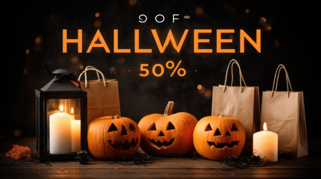 Embrace the Halloween spirit with this enchanting scene featuring carved pumpkins, flickering lanterns, and decorative bags, perfect for seasonal promotions and gatherings.の素材