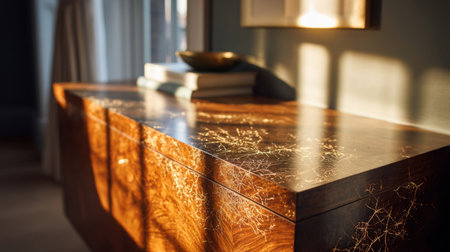 A beautifully crafted sideboard featuring intricate patterns, positioned in soft sunlight, creating a warm and inviting atmosphere in contemporary interiors.の素材