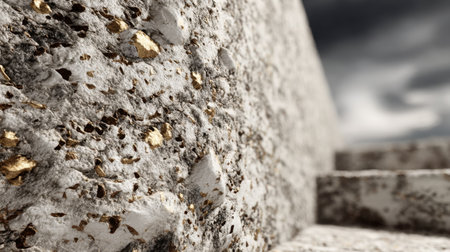 A stunning close-up of a textured stone surface adorned with gold accents, set against a backdrop of dark clouds. Perfect for creative projects focused on elegance and nature.の素材