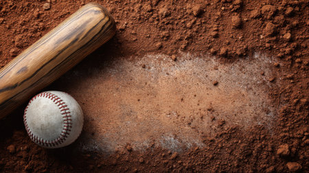 A close-up view of a wooden baseball bat and a white baseball resting on a dirt background, perfect for sports-related content, teamwork, and outdoor activities.の素材
