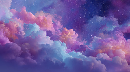 This captivating image showcases a blend of colorful clouds illuminated by a starry night sky, creating a tranquil and dreamlike atmosphere perfect for inspiration.の素材
