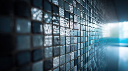 This close-up image captures a stunning tile mosaic with shimmering textures and artistic patterns, perfect for use in design concepts and interior decor projects.の素材