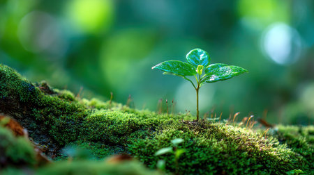 A small green plant emerges from a mossy log, encapsulating the essence of nature's beauty and resilience. This image highlights growth, serenity, and ecological balance.の素材