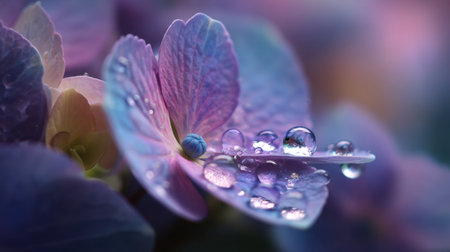 This stunning macro image captures a violet flower petal adorned with sparkling water droplets. Soft hues create a dreamy atmosphere perfect for nature themes.の素材