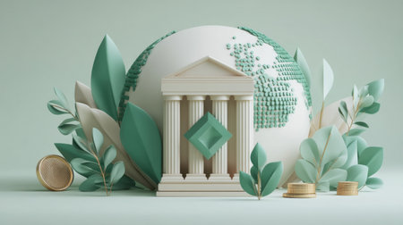 This artistic illustration combines elements of finance and nature, featuring a bank, globe, and coins surrounded by lush leaves, symbolizing growth and sustainability.の素材